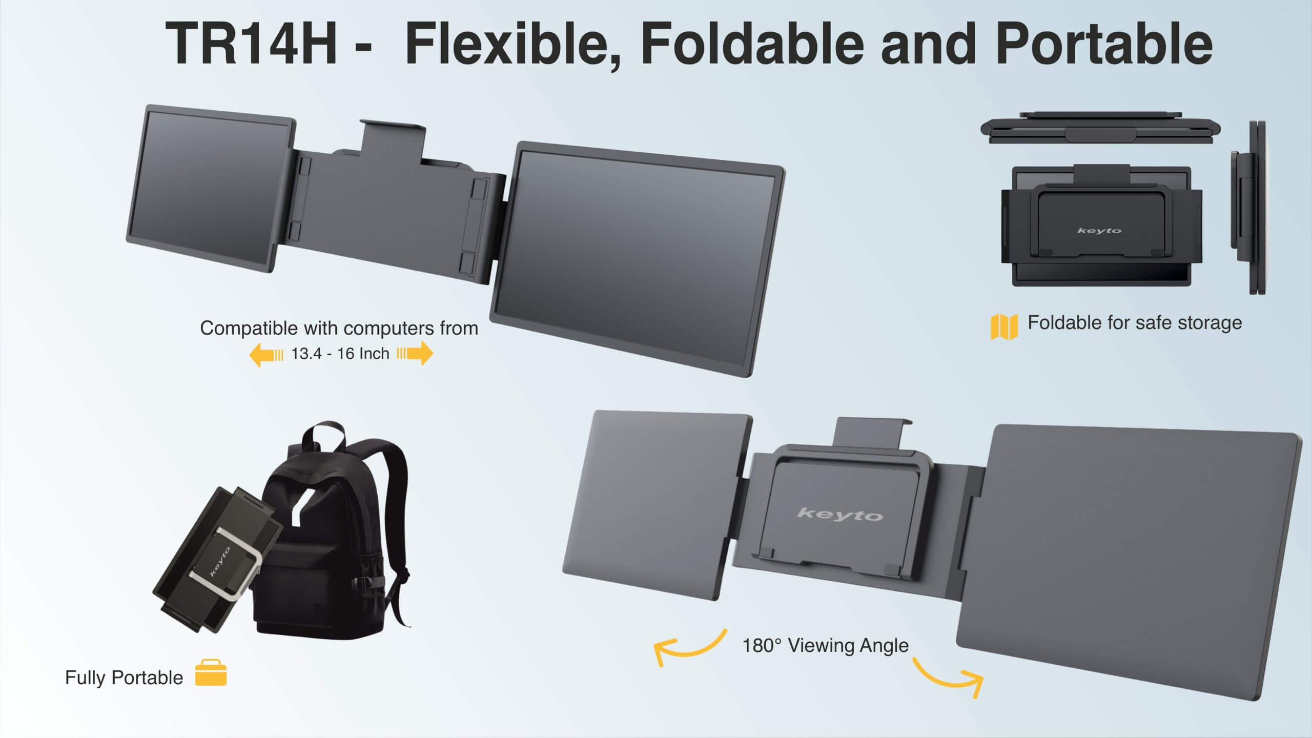 Keyto 14" Laptop Screen Extender, Plug and play Dual Foldable Screen Monitor Extender